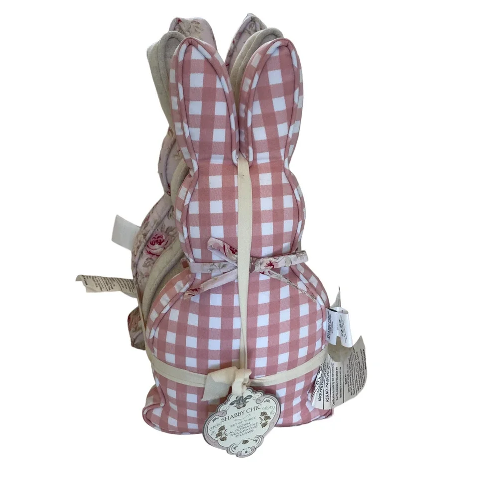 Easter SHABBY CHIC Bunny Rabbit Pillows Cottage Pink Floral Plaid Set of 3 NEW